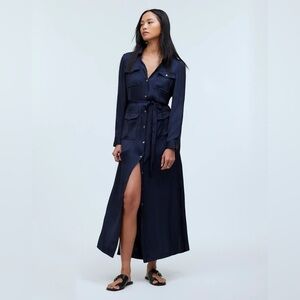 Madewell Button-Front Utility Shirtdress in Satin Deep Indigo XXS NWT